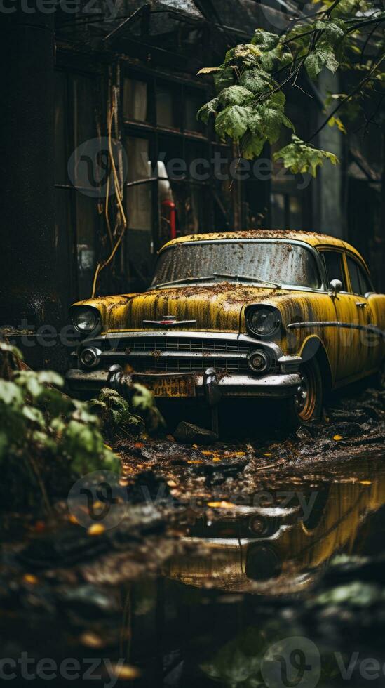 an old yellow car sits in a puddle of water generative ai photo