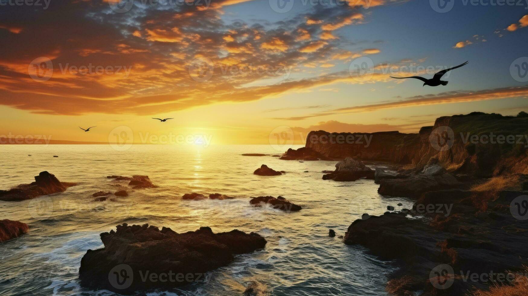 Reflective Calm. Tranquil sunset scenery at the ocean with the sunlight  reflected on the water, a flying bird and the rocky coast. Generative AI  33651039 Stock Photo at Vecteezy