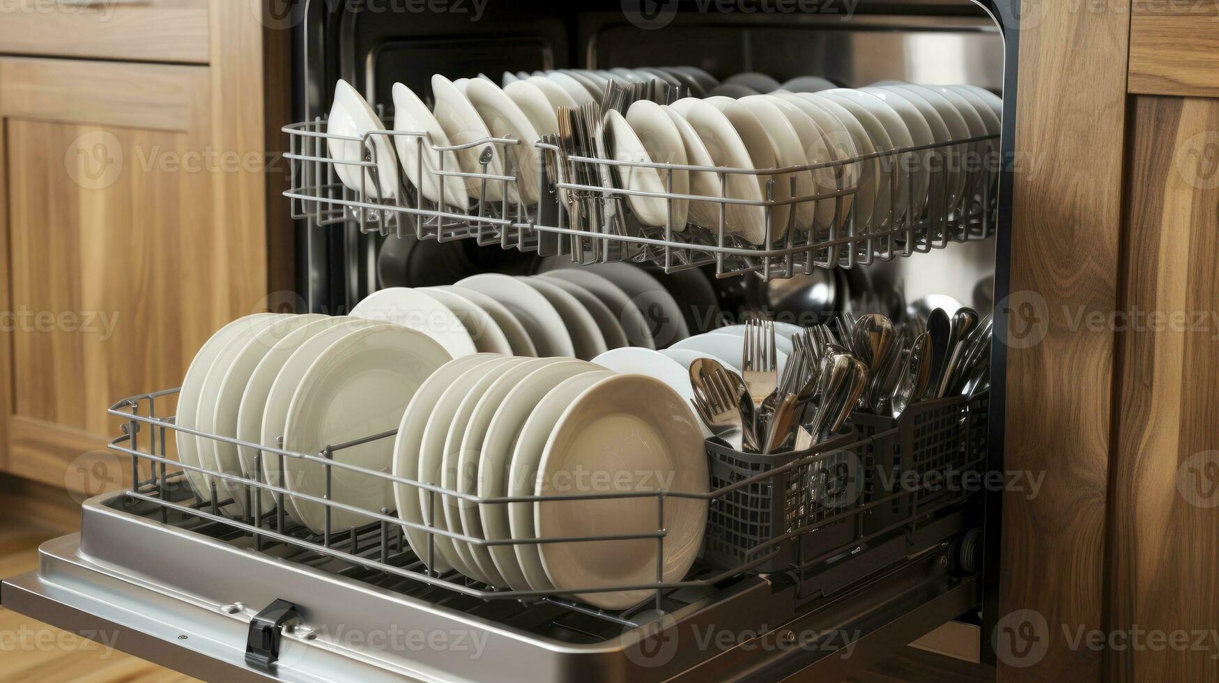 desde sucio a deslumbrante. parte superior perspectiva de limpiar platos en lavavajillas. generativo ai foto