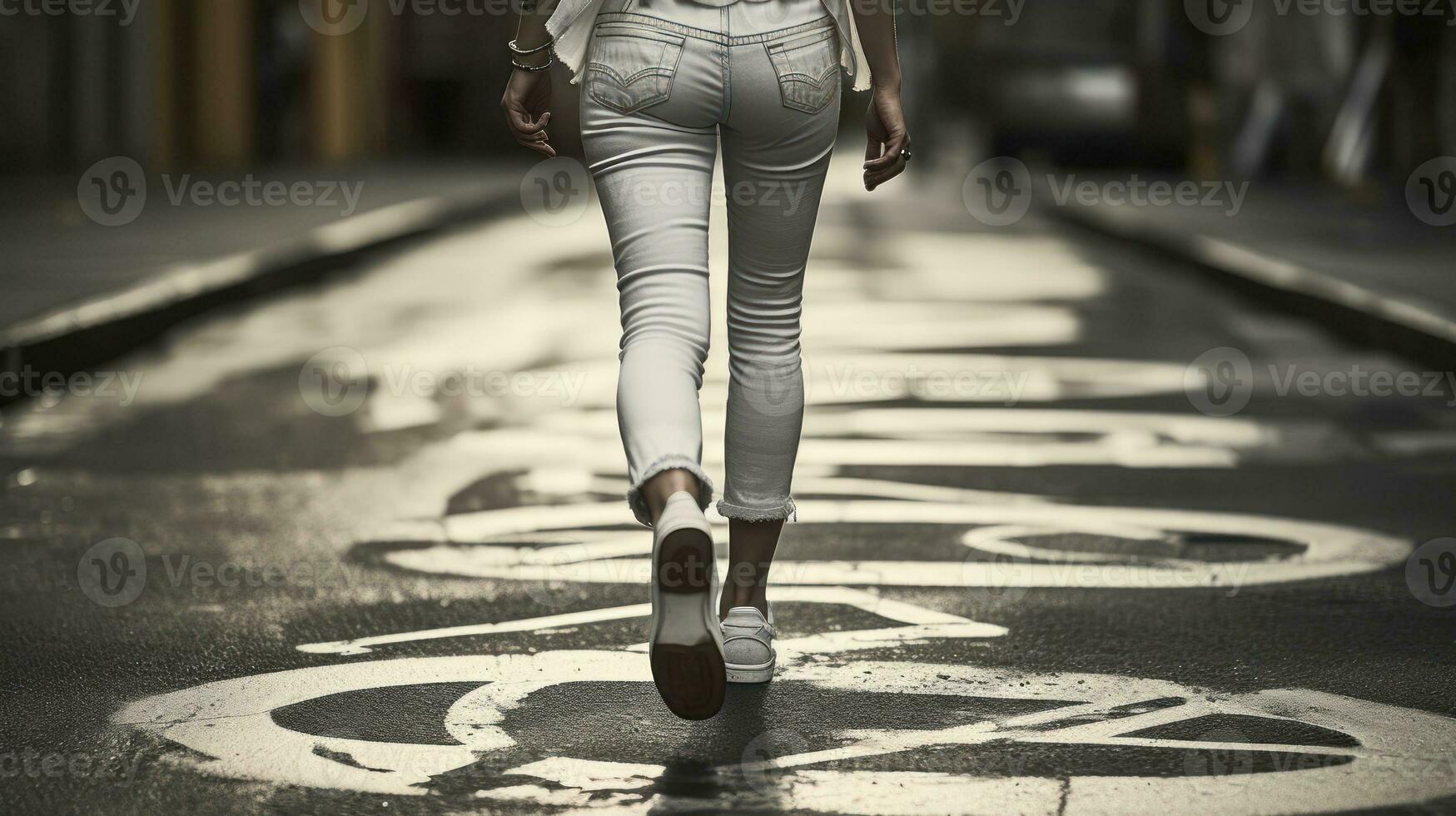 The girl in white sneakers Across the Bike Lane. Bicycle sign painted on asphalt. Generative AI photo