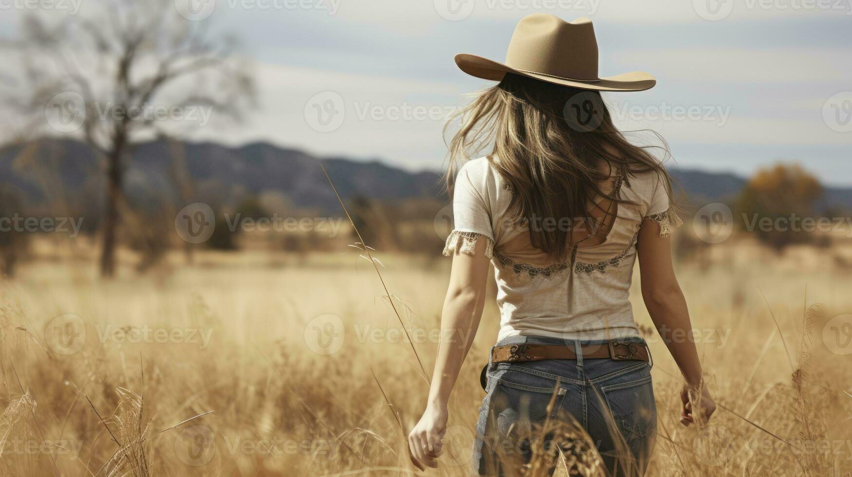 Country Charm. Captivating Cowgirl Adorned in Western Wear wearing cowboy hat. Generative AI photo