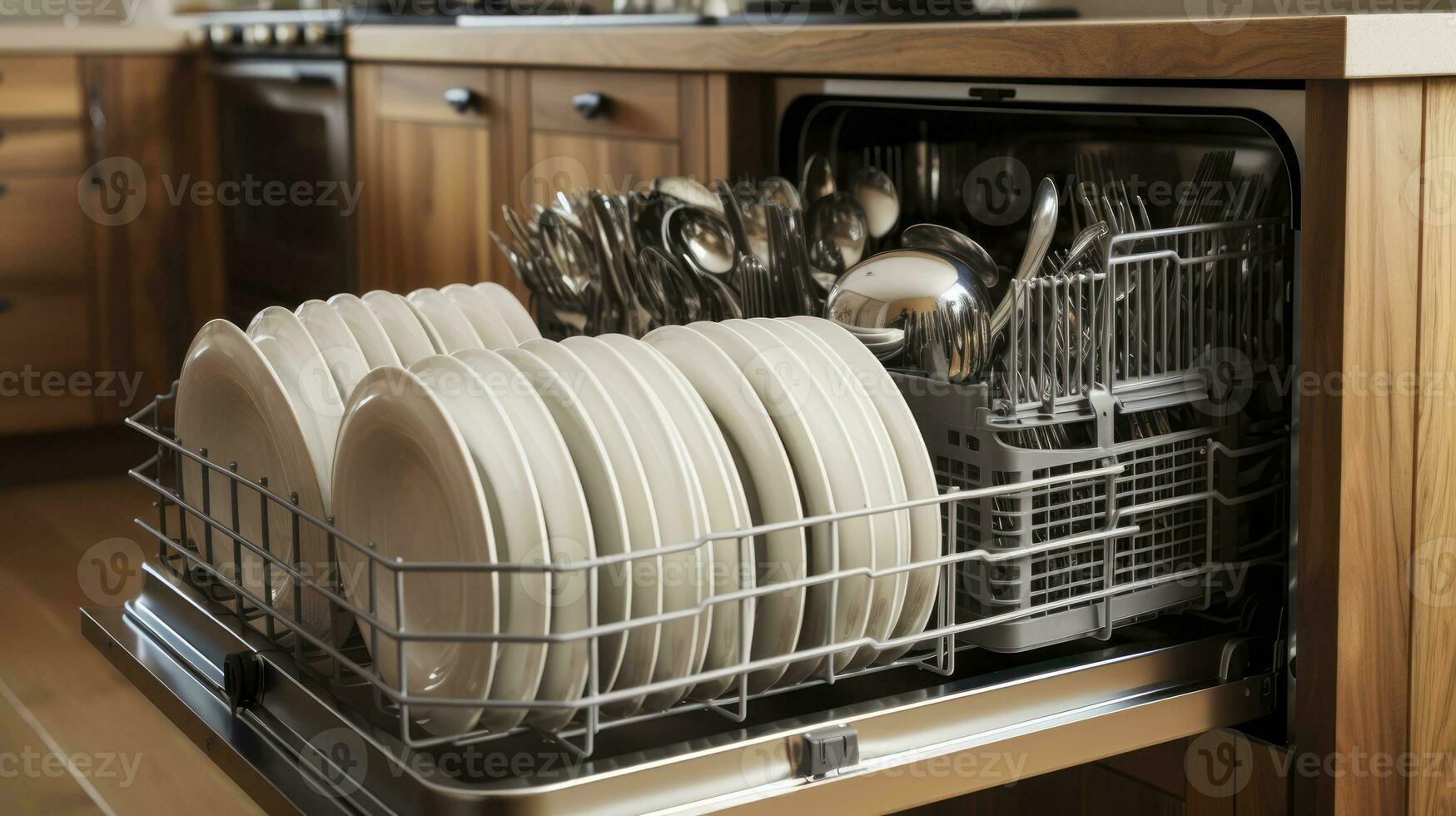 Top View of a Dishwasher's Gleaming Contents. Generative AI photo