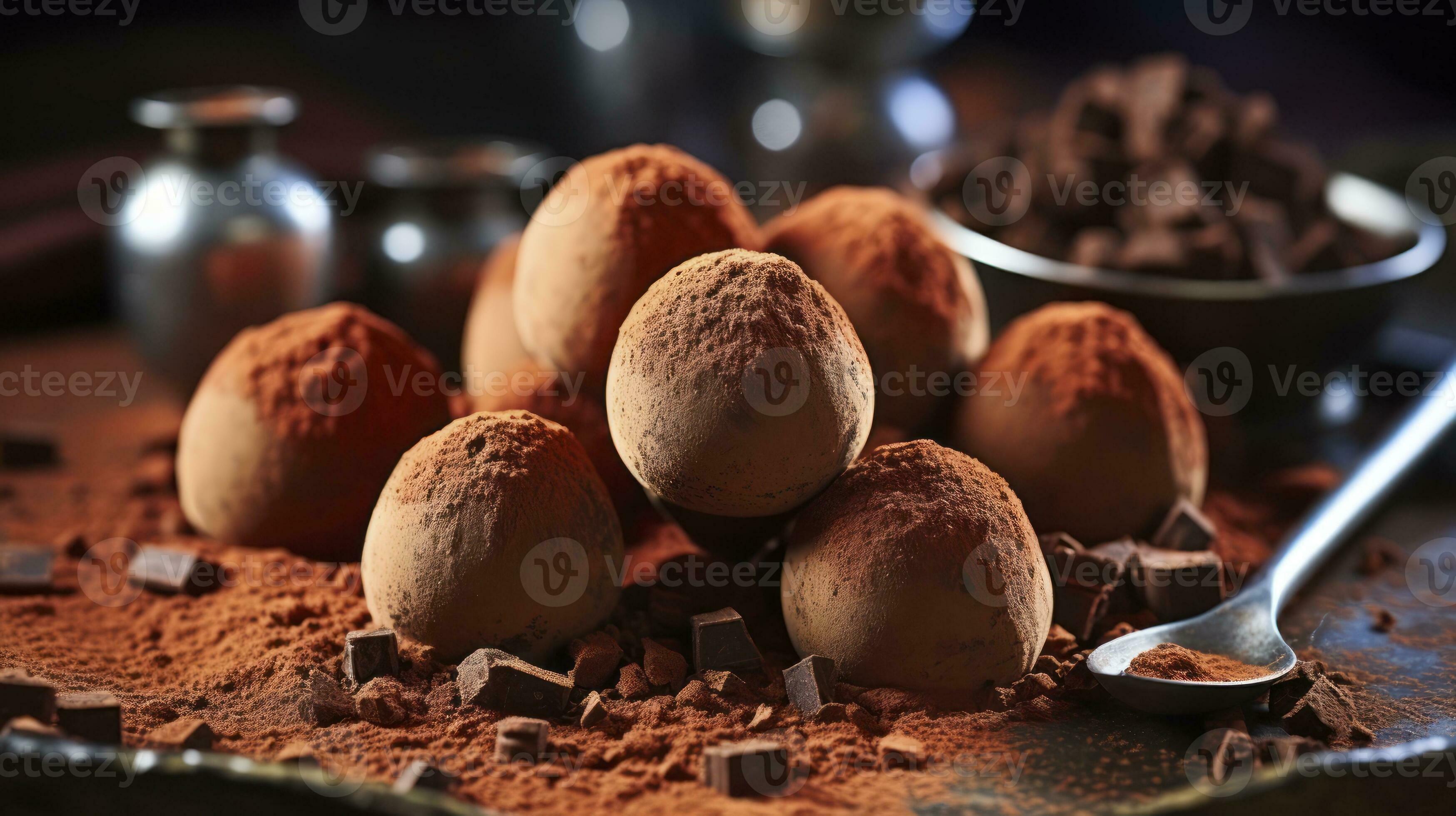 Freshly Made Dark Chocolate Truffles Dusted with Fine Cocoa Powder. Generative AI 32126563 Stock