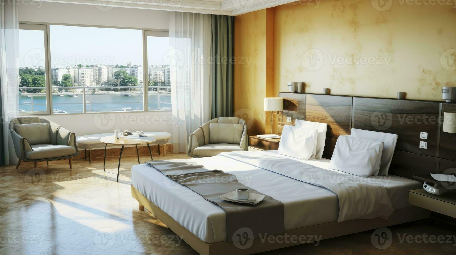 Elegant Comfort. Inside a Spacious Double Bed Hotel Suite. Generative AI photo