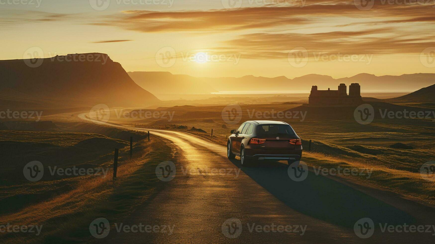 en el la carretera a oscuridad - silueta de un coche en un la carretera en un hermosa paisaje a puesta de sol. generativo ai foto