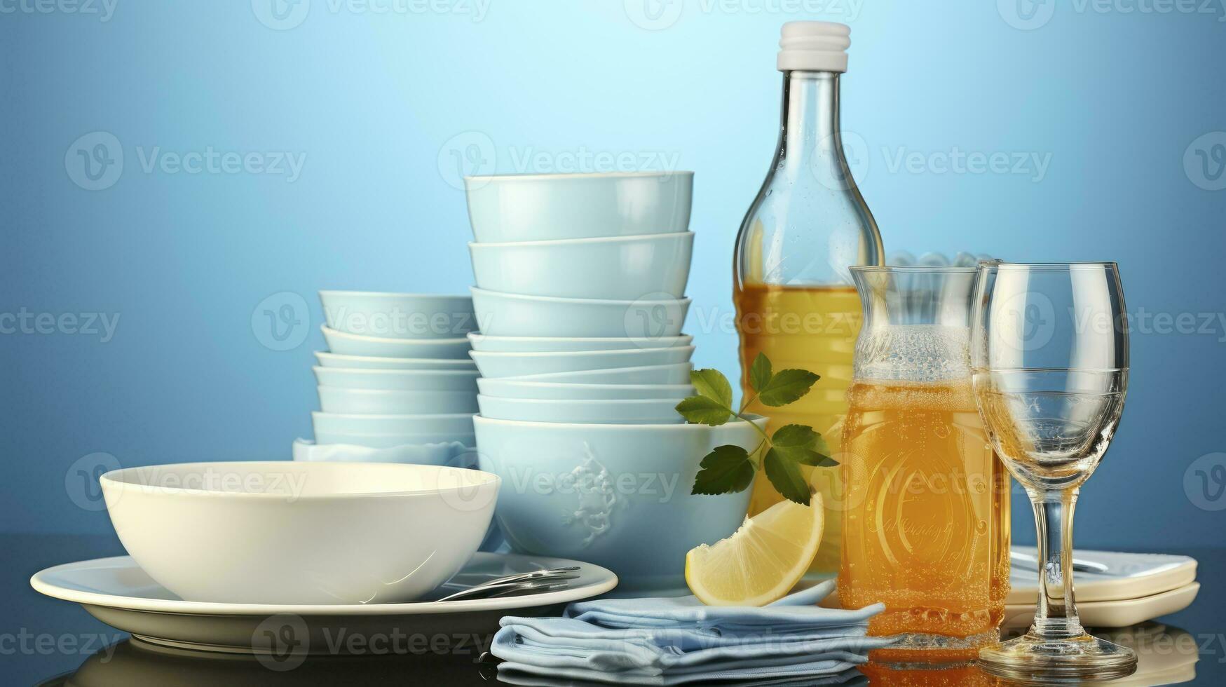 Immaculate Plates, Glasses, and Cups Await Their Next Use, Complemented by High-Efficiency Dishwashing Liquid and Sponges. Generative AI photo