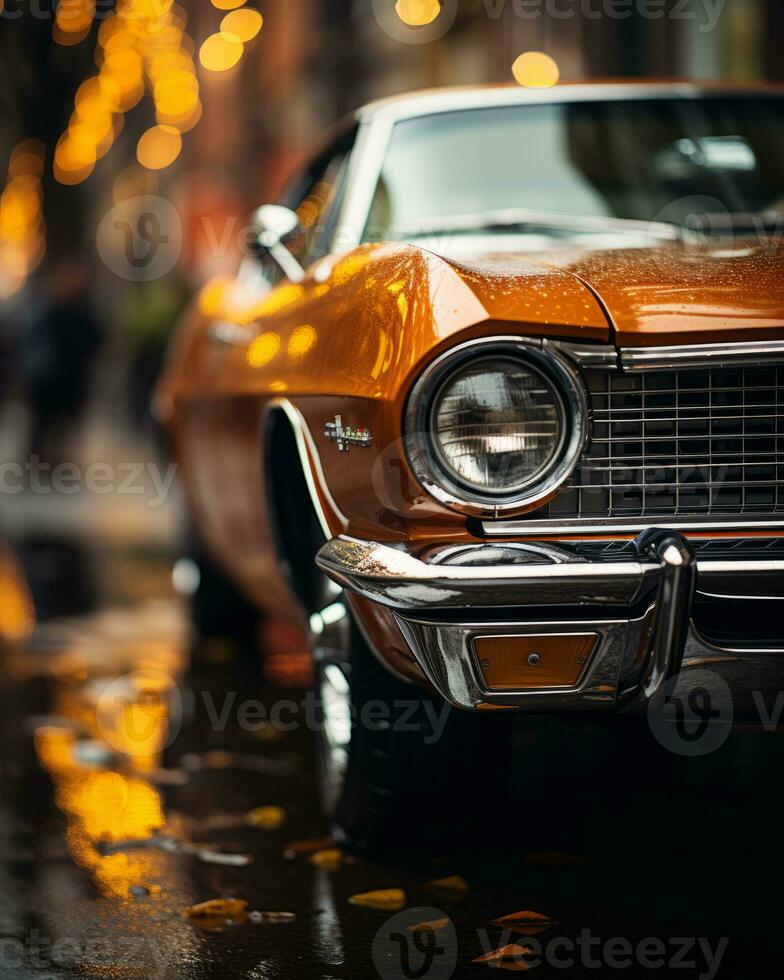 an orange car is parked on the side of the road generative ai photo