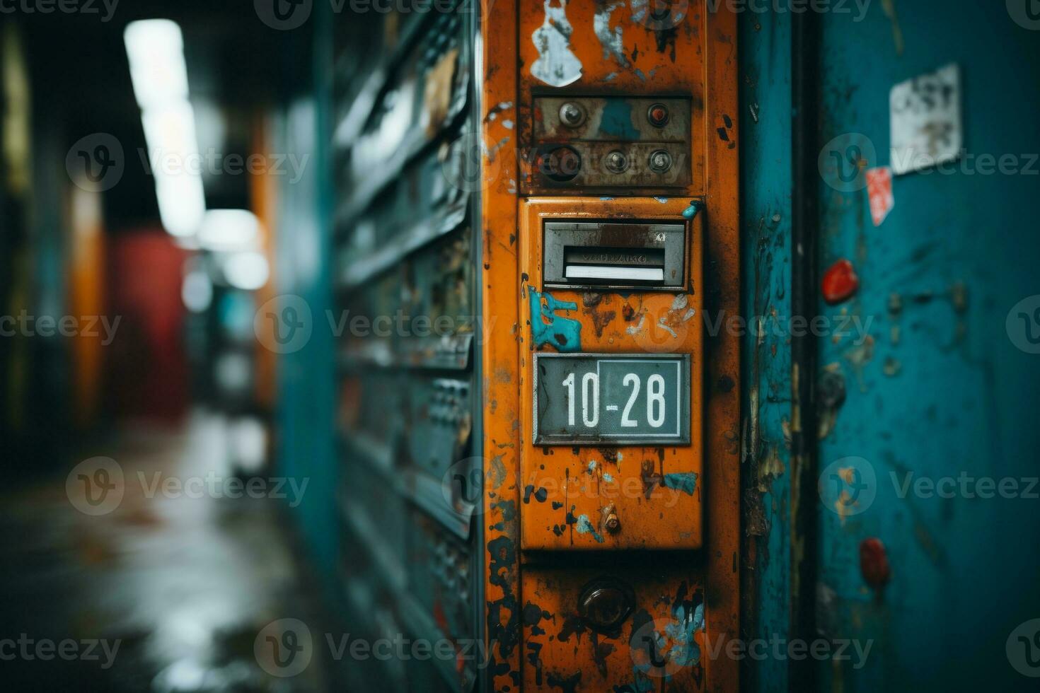 an orange door with a number on it in a hallway generative ai photo