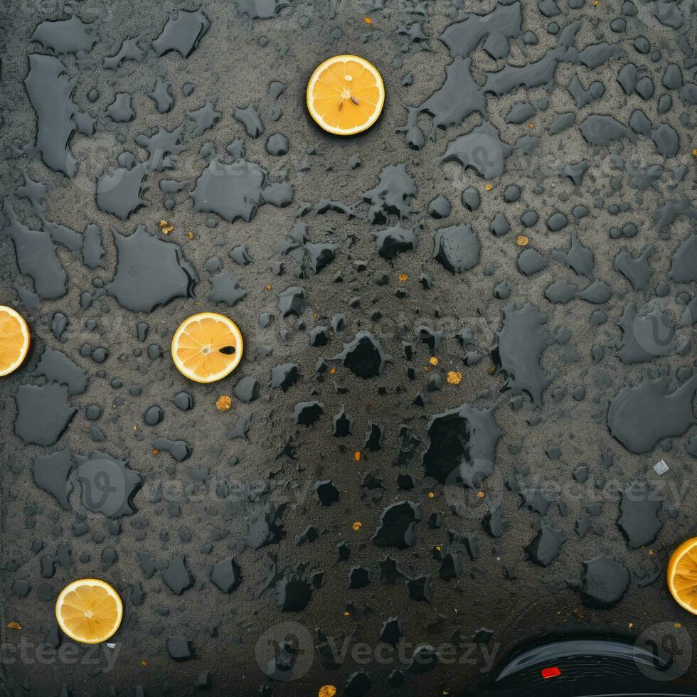 an orange slice on a wet surface with drops of water on it generative ai photo