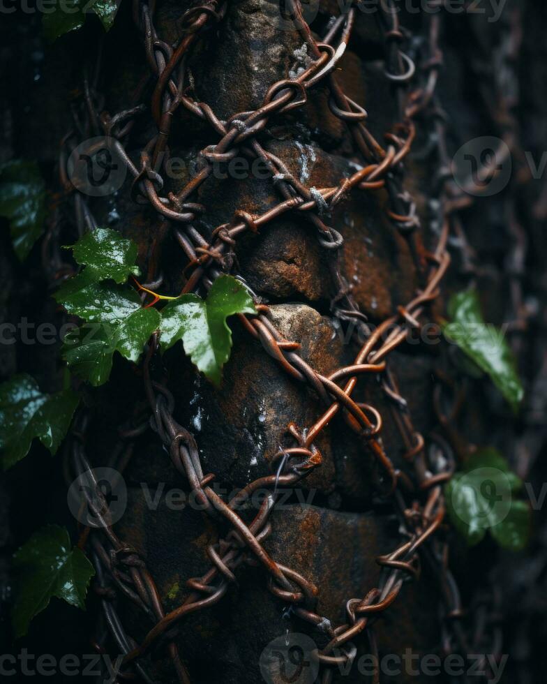 barbed wire and ivy on a brick wall generative ai photo