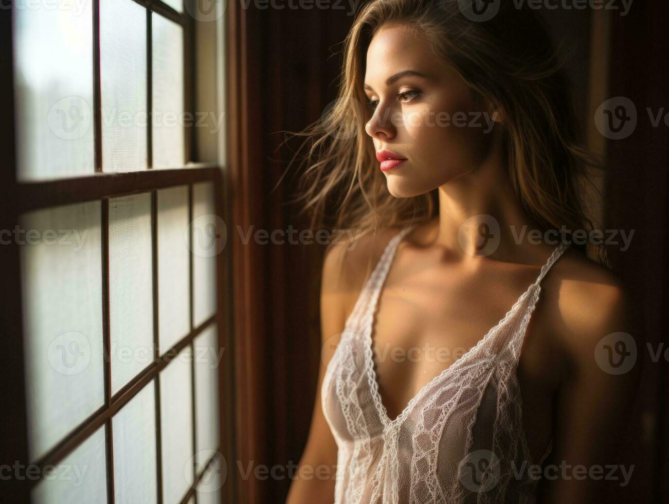 beautiful woman in lingerie looking out the window generative ai photo