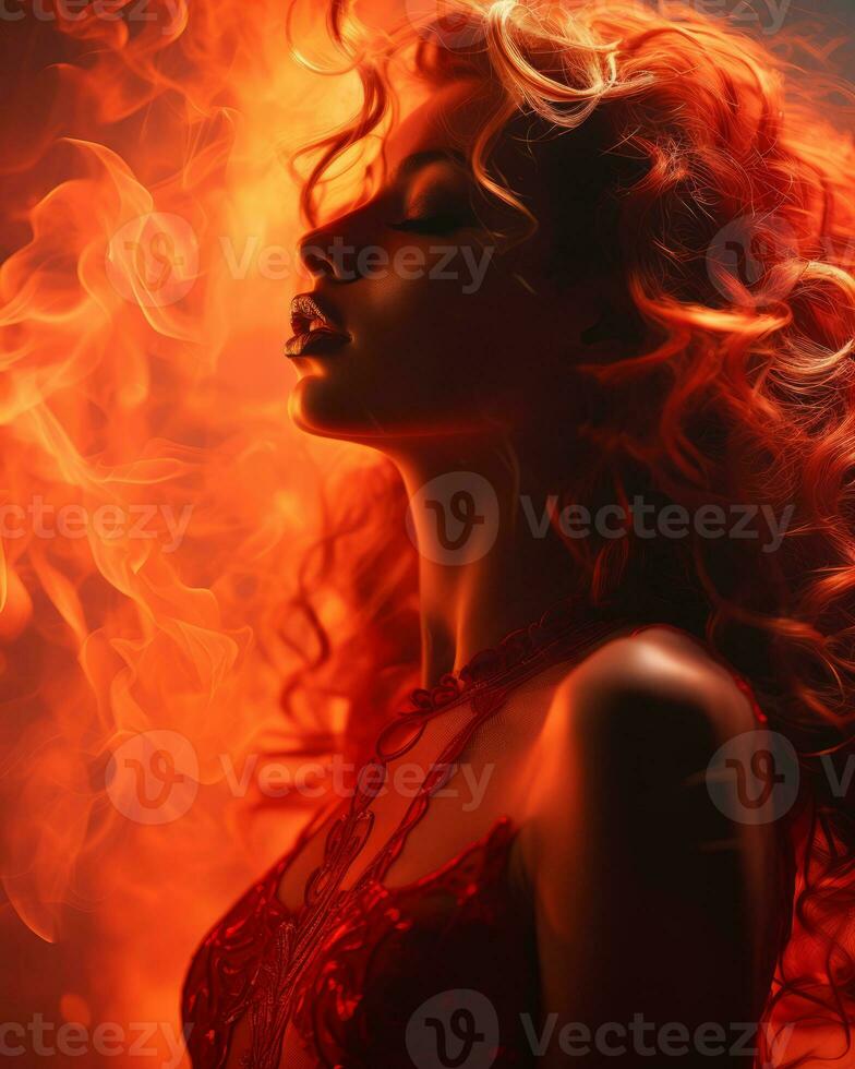 beautiful woman with red hair and fire in the background generative ai photo