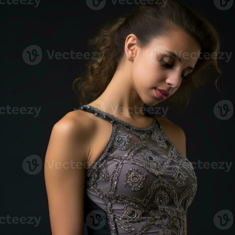 beautiful young woman posing in a dress on a black background generative ai photo