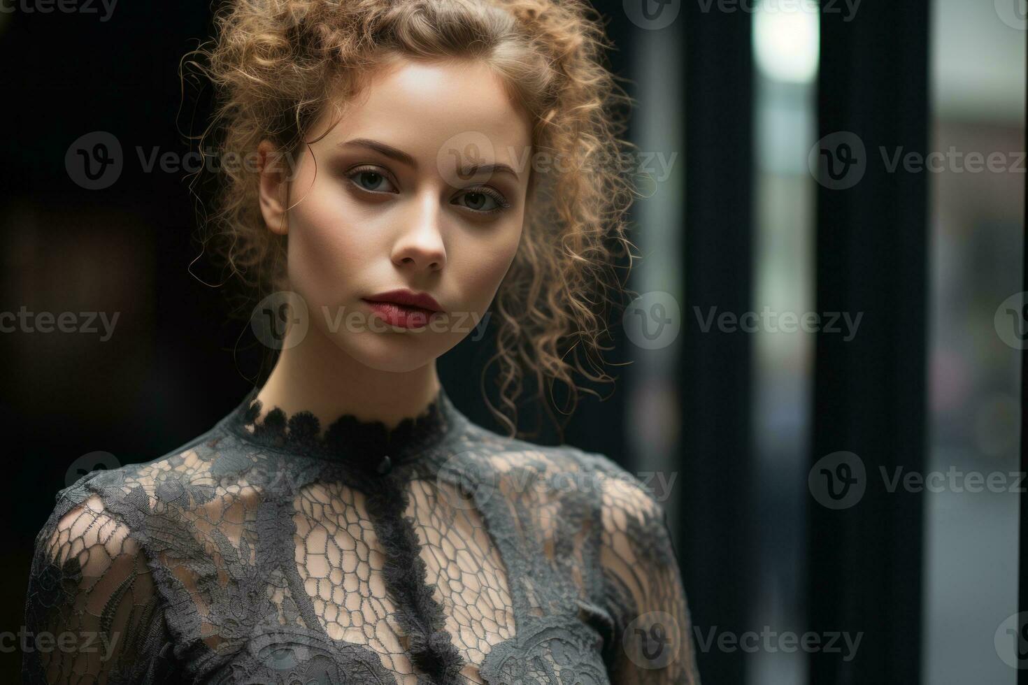 beautiful young woman with curly hair and red lipstick posing in front of a window generative ai photo