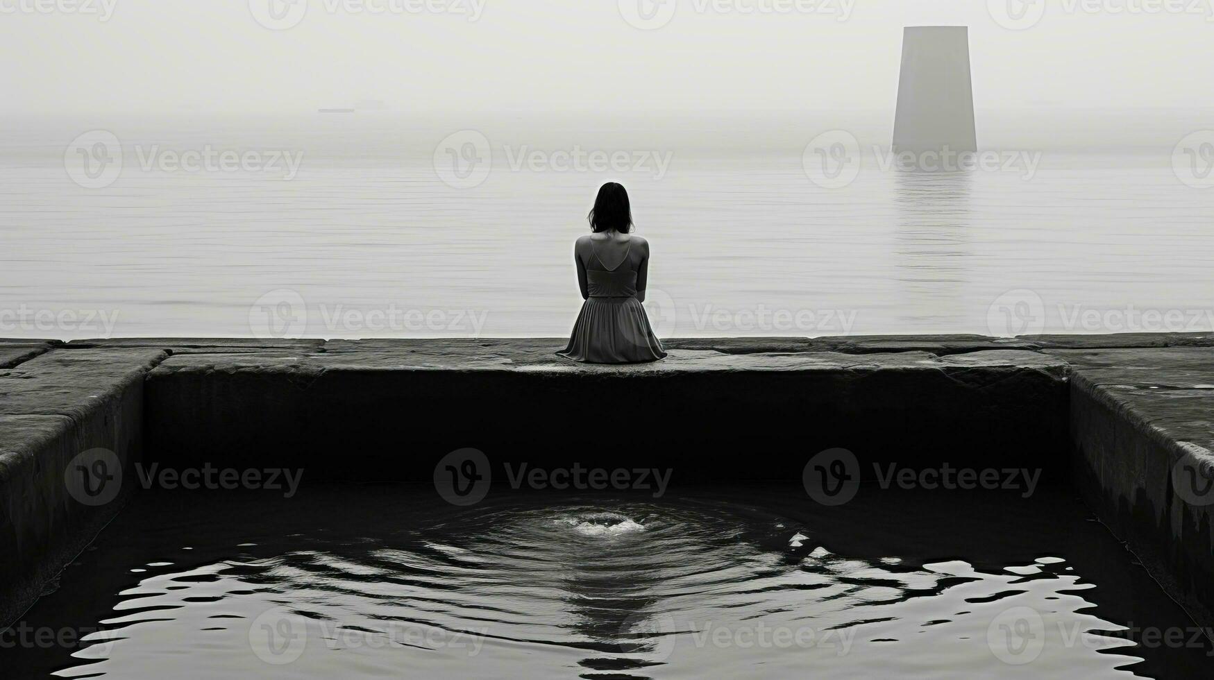 black and white photo of a woman sitting on the edge of a pool generative ai