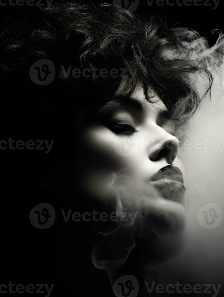 black and white photo of a woman with smoke coming out of her mouth generative ai