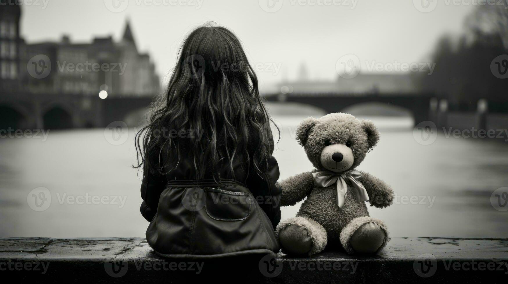 black and white photo of a girl sitting next to a teddy bear generative ai