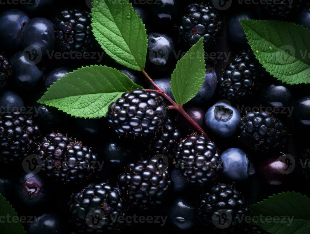 blackberries and blueberries with leaves on a black background generative ai photo