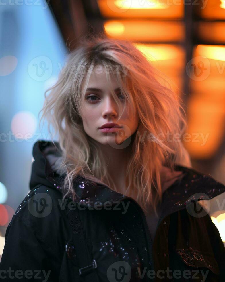 blonde haired woman in black coat generative ai photo