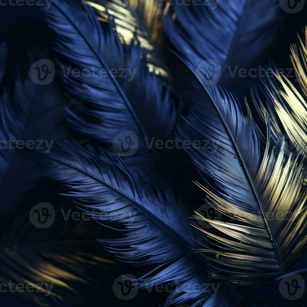 blue and gold feathers on a dark background generative ai photo