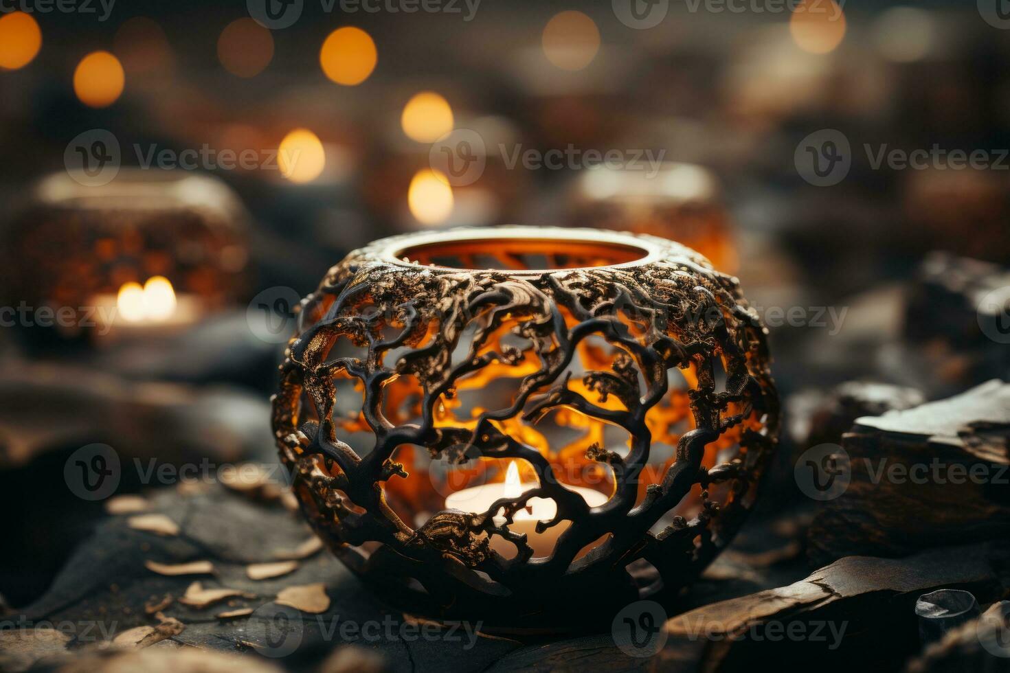 candles are lit in a vase on a table generative ai photo
