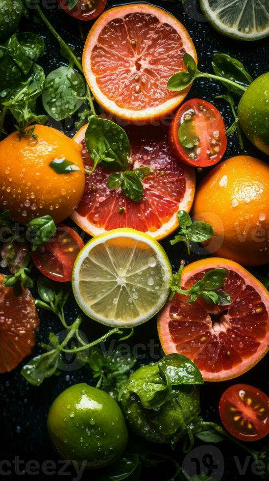 citrus fruits and vegetables on a black background stock photo generative ai
