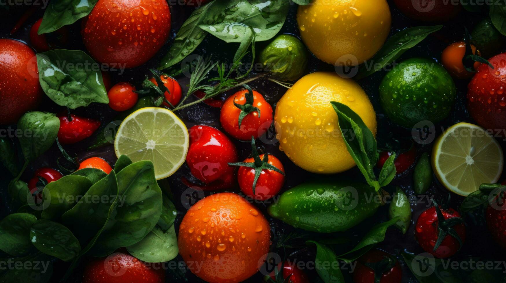 colorful fruits and vegetables with water droplets on them generative ai photo