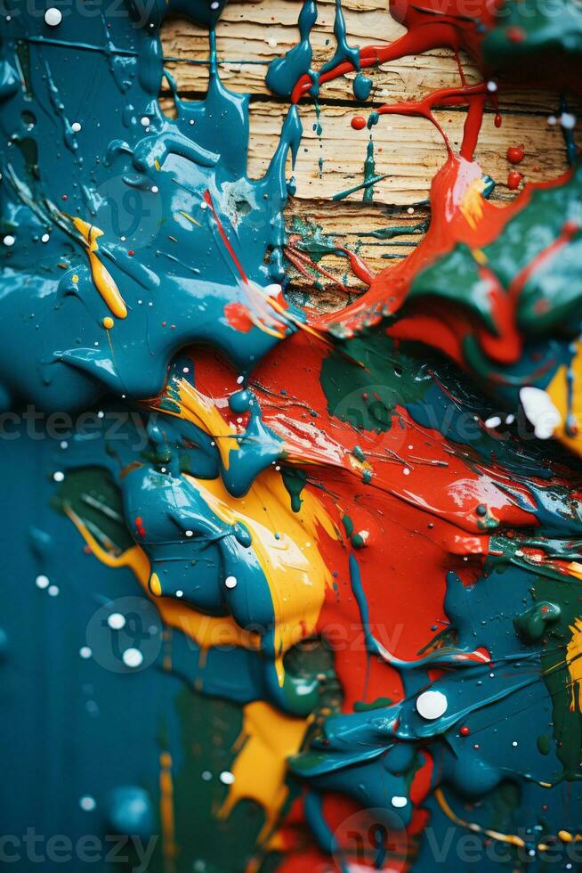 colorful paint splatters on a wooden surface generative ai photo