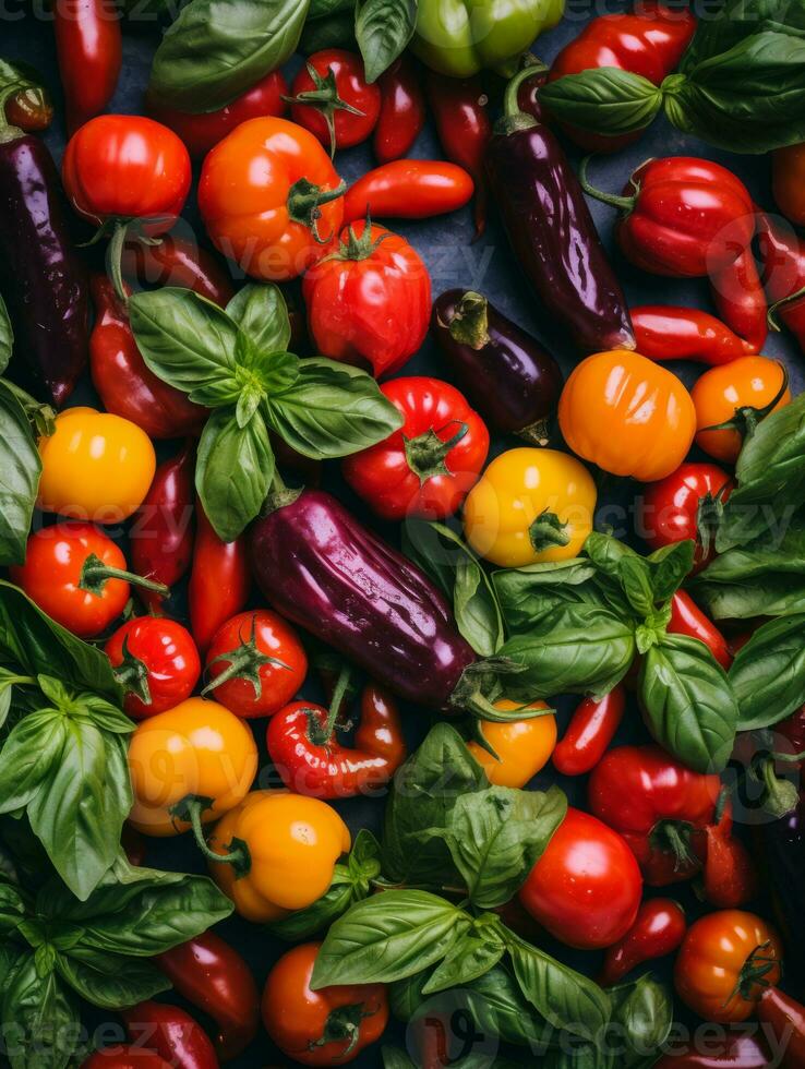 colorful peppers and tomatoes on a black background generative ai photo