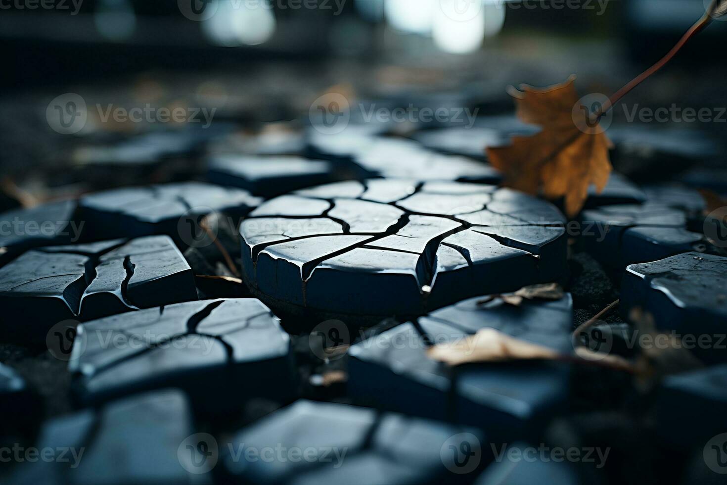 cracked pavement with a leaf on the ground generative ai photo