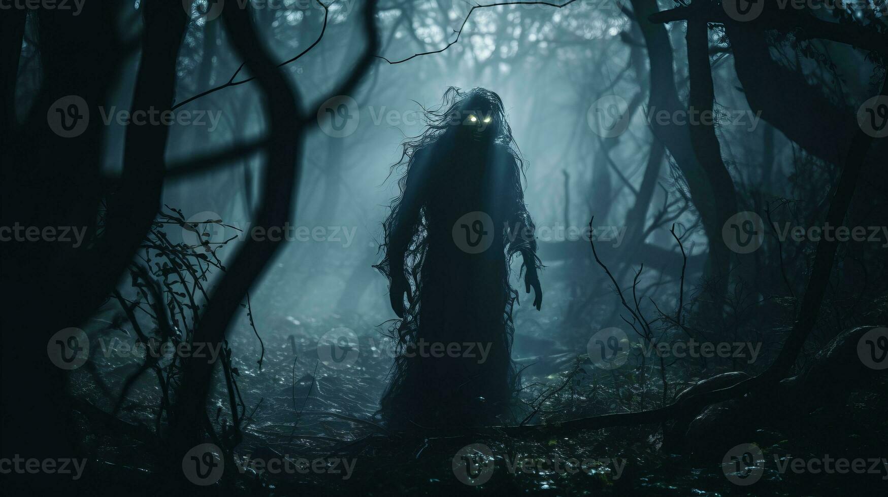 creepy ghost in the dark forest with glowing eyes generative ai photo