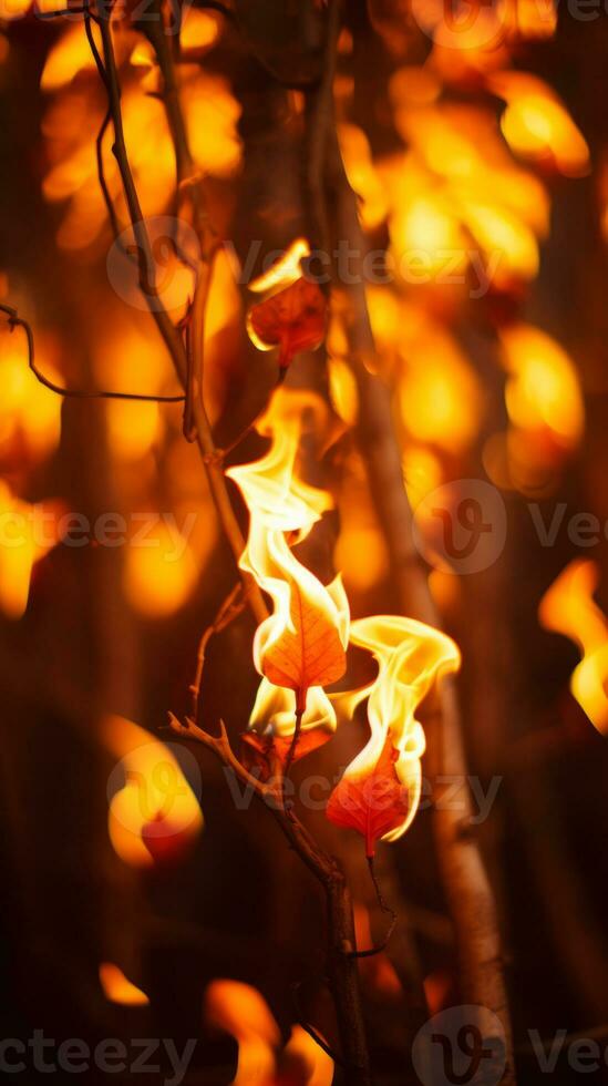 flames on a tree branch in the dark generative ai photo