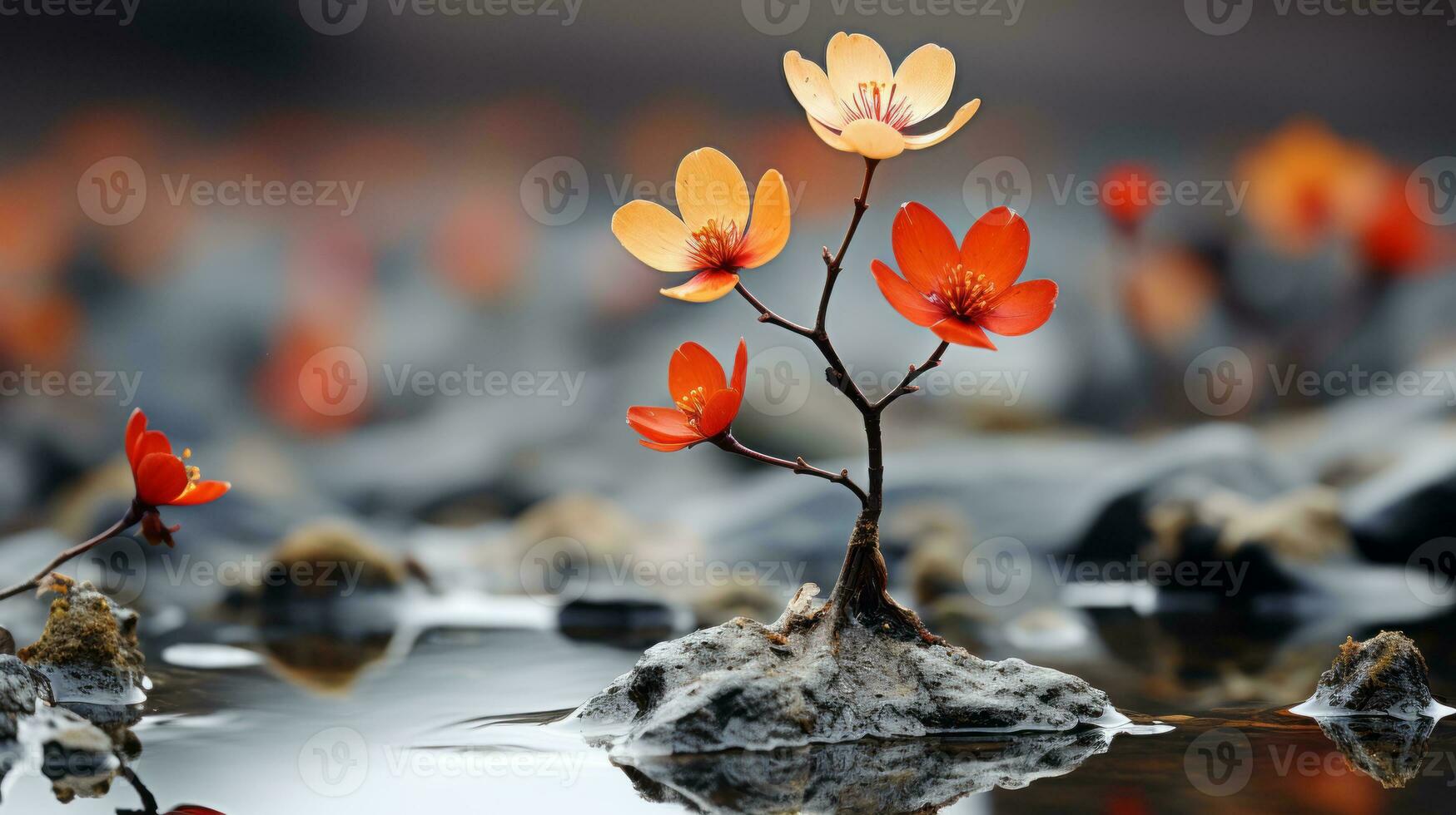 flowers on rocks in water with rocks in the background generative ai photo