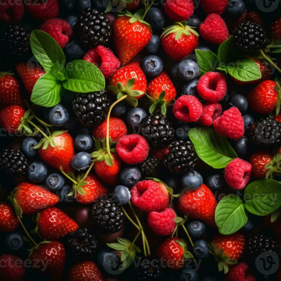 fresh berries and raspberries on a black background generative ai photo