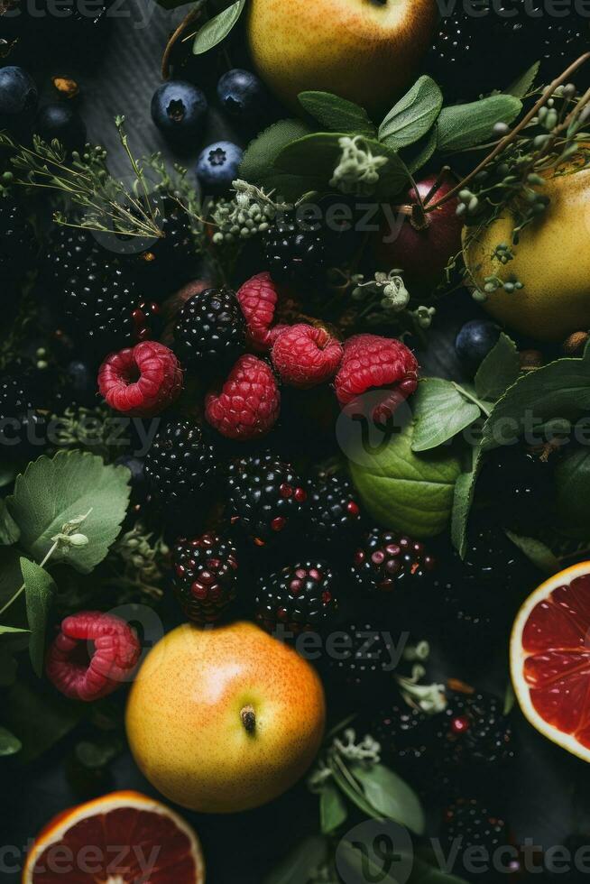 fresh fruits and berries on a dark background generative ai photo