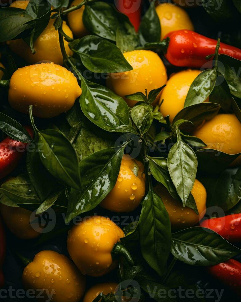 fresh lemons and red peppers on a black background stock photo generative ai