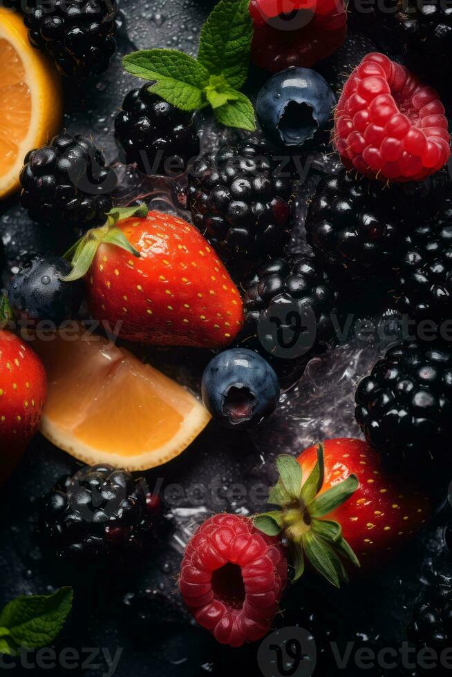 fresh berries and oranges on a black background generative ai photo