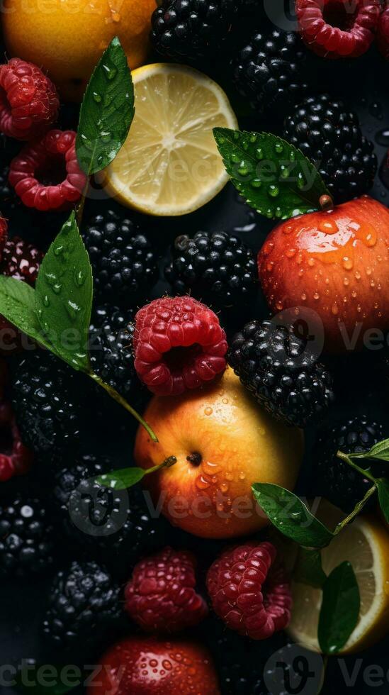 fresh fruits with water droplets on a black background stock photo generative ai