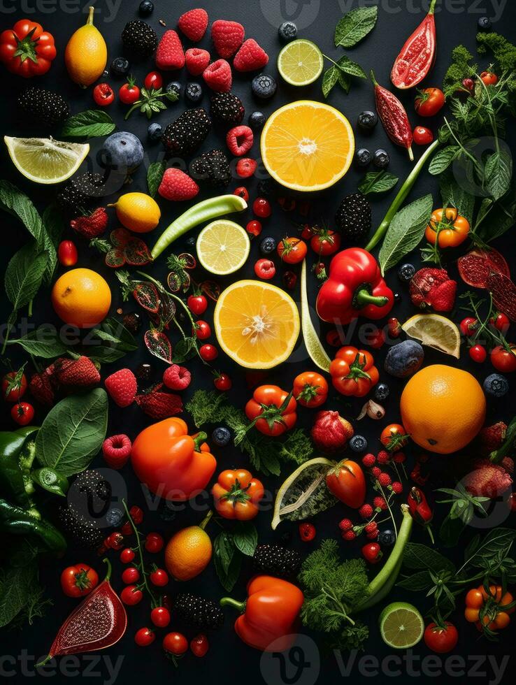 fresh fruits and vegetables arranged in a circle on a black background generative ai photo
