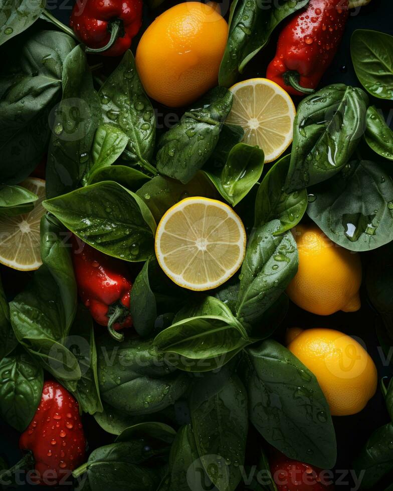 fresh tomatoes peppers and basil on a black background generative ai photo
