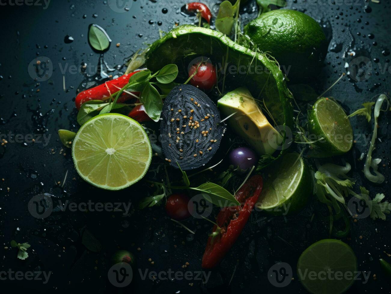 fresh vegetables and fruits on a black background with water droplets generative ai photo