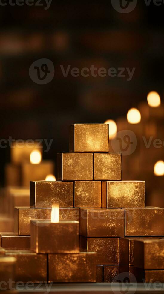 gold bars stacked on top of each other with candles in the background generative ai photo
