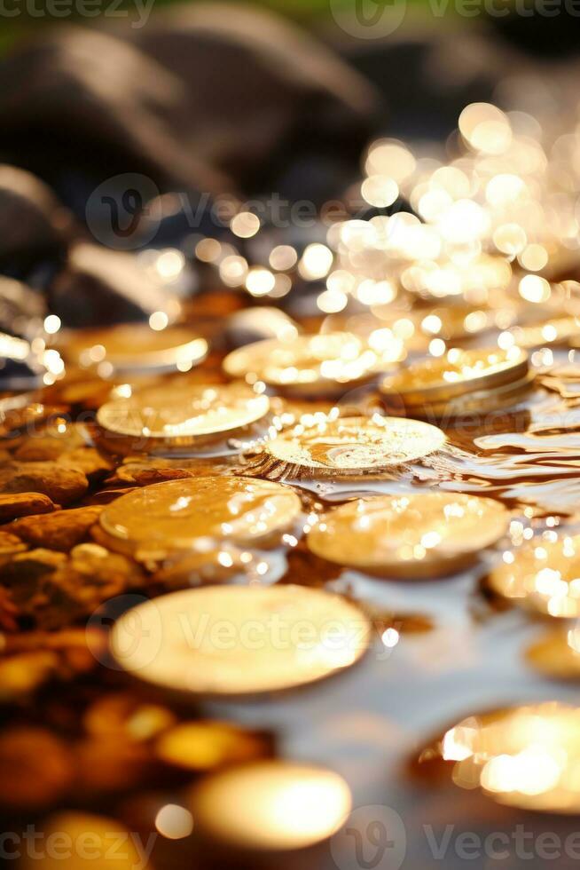 gold coins floating in water with sunlight shining on them generative ai photo