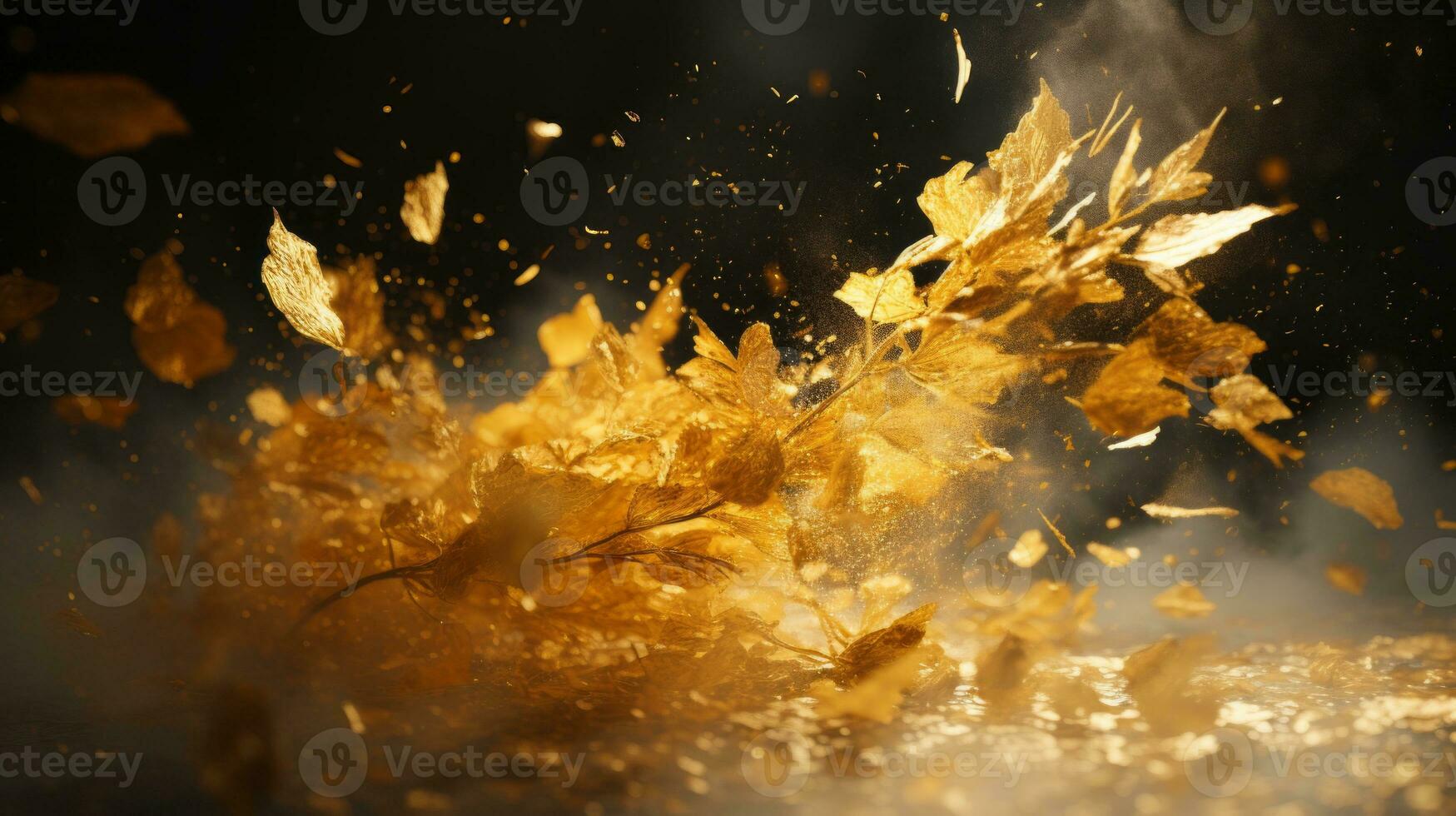 golden leaves blowing in the wind on a black background generative ai photo