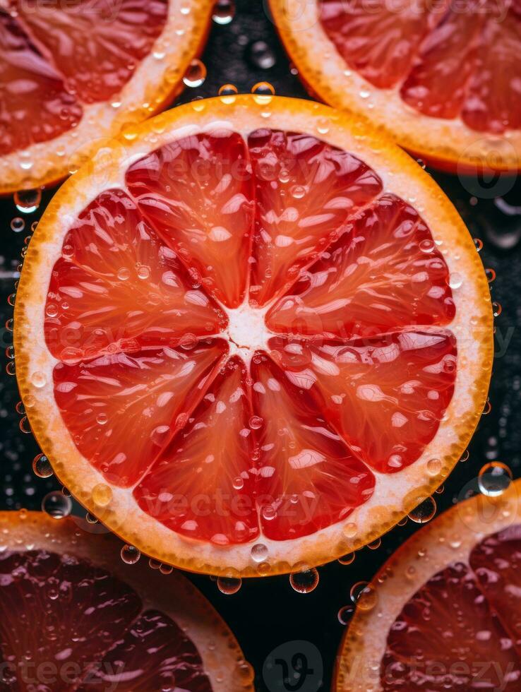 grapefruit slices with water droplets on a black background generative ai photo