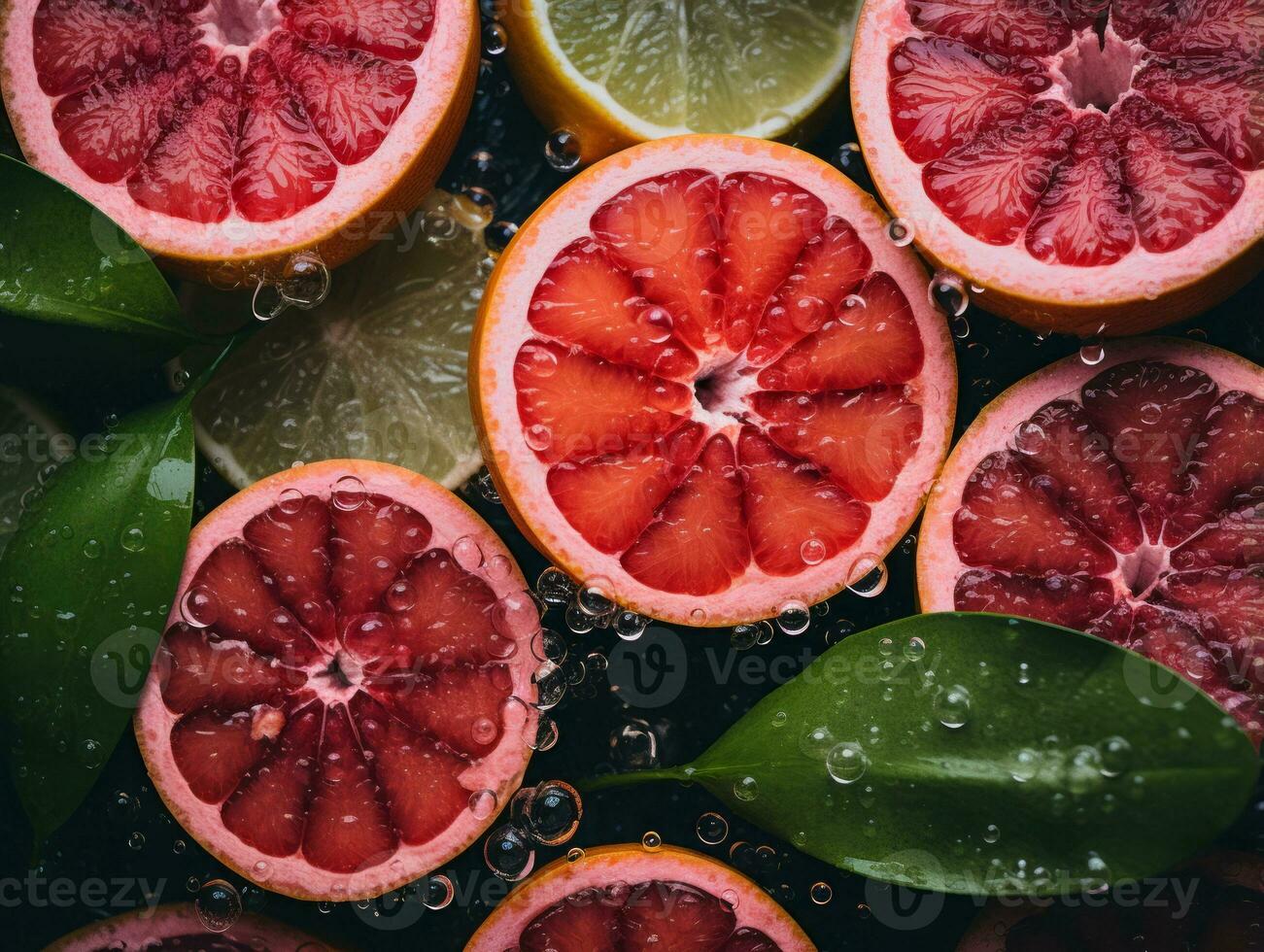 grapefruit and lime slices on a black background generative ai photo