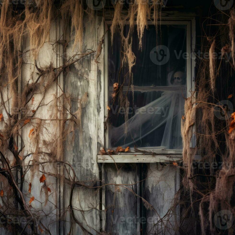 halloween ghost in the window of a dilapidated house generative ai photo
