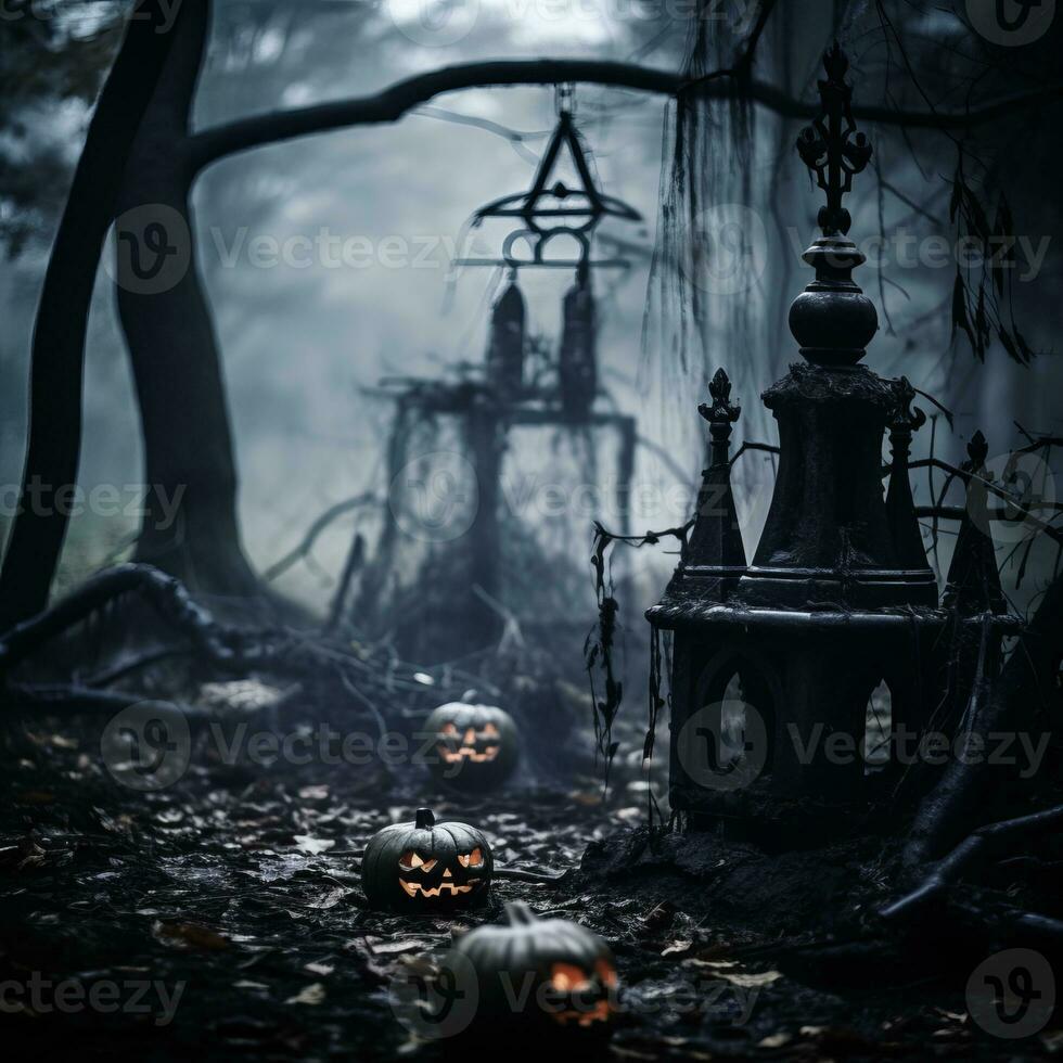 halloween pumpkins in the woods with a castle in the background generative ai photo