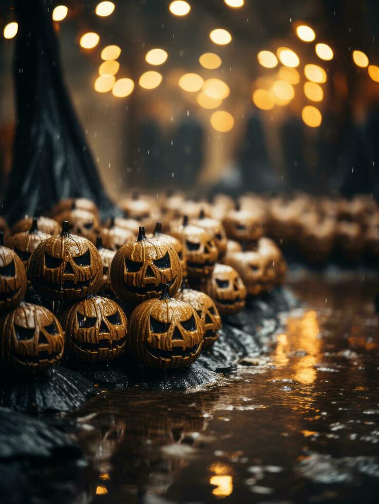 halloween pumpkins in the rain generative ai photo