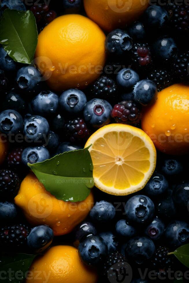 lemon blueberries and blackberries on a black background generative ai photo